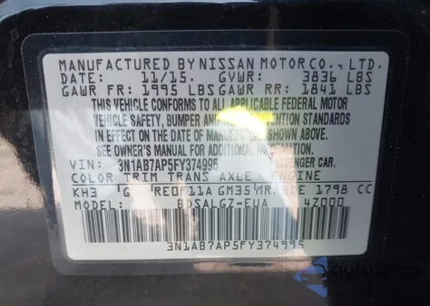 2015 Nissan Sentra Sl from USA, damaged, VIN 3N1AB7AP5FY374995